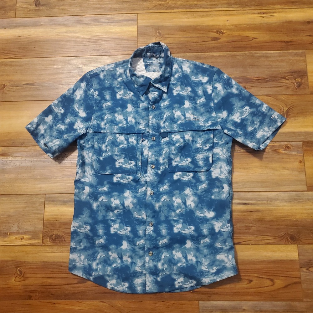 NWOT LL‎ Bean Mens S Reg Fits Med Blue Tie Dye Short Sleeve Fishing Shirt Vented